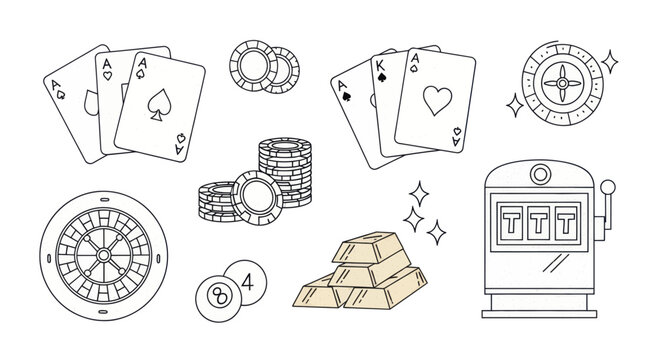 Casino and Gambling Icons Collection Line Art.