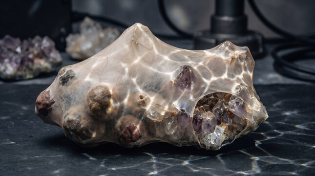 A large amethyst geode sits on a black marble surface with other geodes in the background