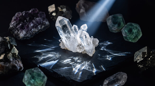 A beam of light illuminates a cluster of quartz crystals surrounded by other gemstones on a black surface