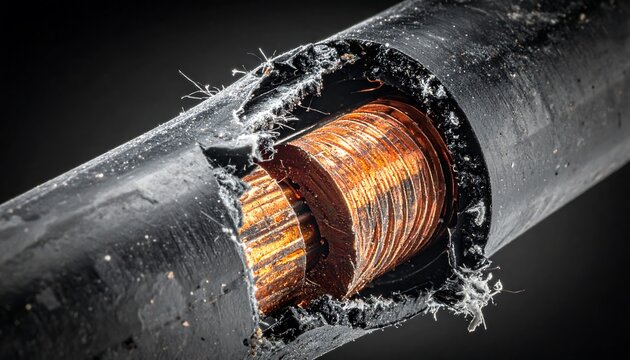 Close-up view of a damaged electrical cable revealing its internal copper wiring and protective sheath.