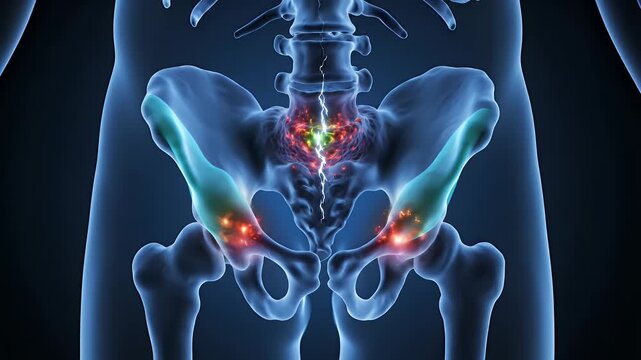 Detailed 3D CGI Visualization of Human Pelvic Anatomy with Highlighted Nerve Pathways and Organ Structure