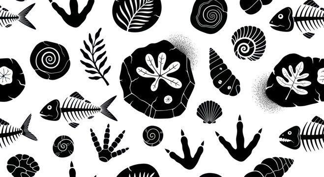 Collection of ancient fossils and prehistoric imprints.