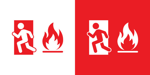 Fire emergency exit sign vector. Features a burning flame symbol alongside a person running through a door. High-contrast red illustration for fire safety, prevention, and hazard warning signage. © bibin