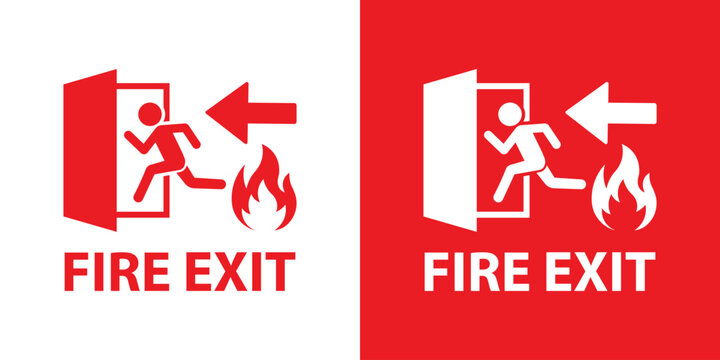 Fire safety emergency evacuation sign. Features a running person fleeing fire with a directional arrow. Vector icon for public building safety and hazard awareness, isolated on red and white backgroun