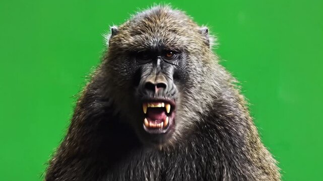 Aggressive baboon primate with open mouth and sharp teeth on green background.