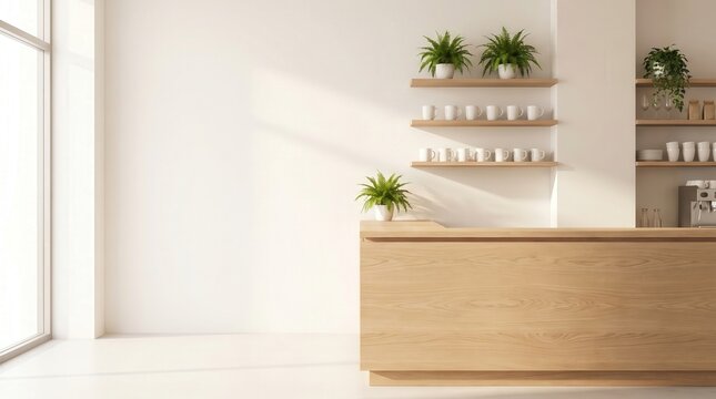 Modern minimalist cafe interior with wooden counter and white copy space. Bright coffee shop background for branding and hospitality design.