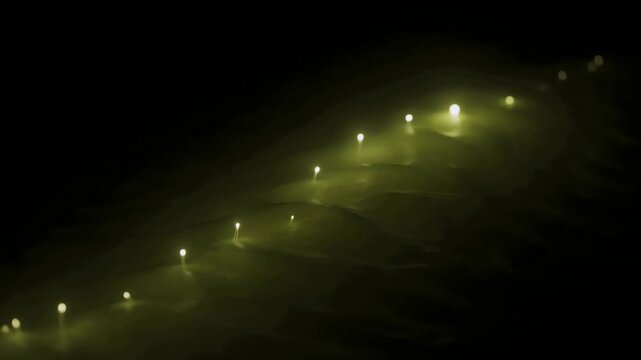 Glowing Orbs Moving Through Dark Abstract Landscape With Ethereal Light Trails