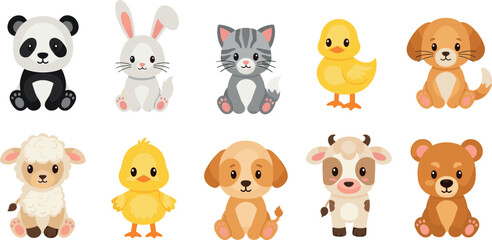 Cute baby animal cartoon set featuring panda rabbit kitten duck puppy lamb calf and bear for kids design © MDNUR