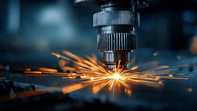 Precision laser cutting machine creating brilliant orange sparks on metal surface, close-up industrial shot, concept for manufacturing, engineering