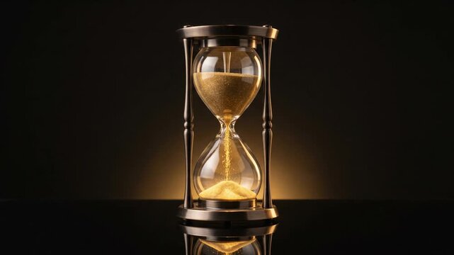 Time concept with golden sand in elegant hourglass on dark minimalist background loop