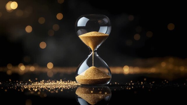 Luxury hourglass timer with fine golden sand falling in seamless time loop animation