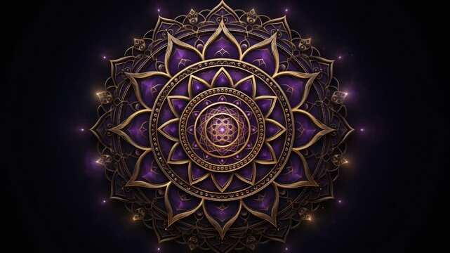 Intricate gold and purple sacred geometry mandala with glowing ornate fractal patterns loop