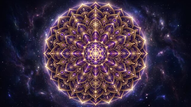 Spiritual cosmic mandala with gold and deep purple tones and ornate fractal design loop