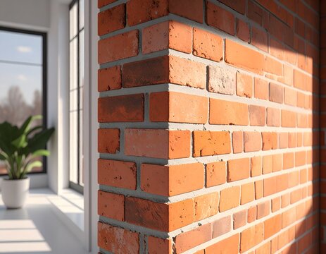Close-up angled view of a red brick wall texture with subtle sunlight highlighting the rough surface, showing a window with a potted plant in the background on a bright day