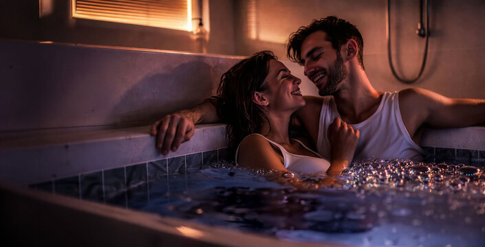 Romantic couple enjoying a warm jacuzzi at home. Soft evening light, bubbles and close connection create an intimate and relaxing atmosphere. Love, wellness and lifestyle moment in a cozy indoor scene