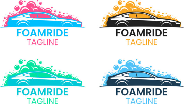 Modern car wash logo set with foam bubbles and sleek vehicle silhouettes, professional automotive detailing branding collection, colorful car cleaning service icons for mobile apps and signage