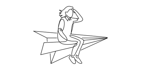 Obraz premium Woman sitting on a paper airplane and looking into the distance, continuous line drawing Vector, illustration