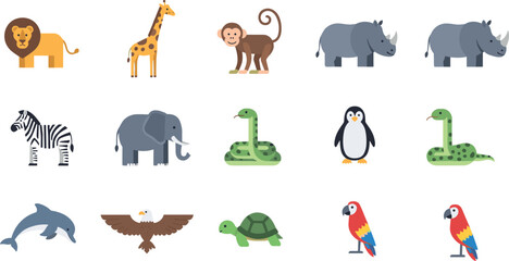 Cute flat animal icon set featuring lion giraffe monkey elephant zebra penguin dolphin turtle parrot vector collection for kids design © MDNUR