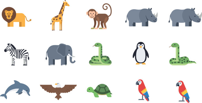Cute flat animal icon set featuring lion giraffe monkey elephant zebra penguin dolphin turtle parrot vector collection for kids design
