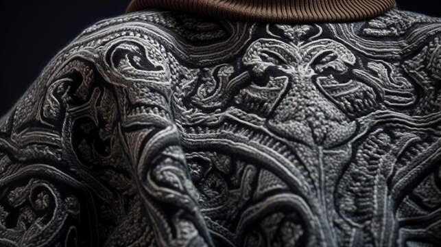 A photo of a well-folded sweater with intricate patterns