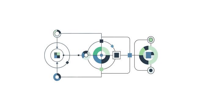 Flowchart diagram with colorful circular graphs.