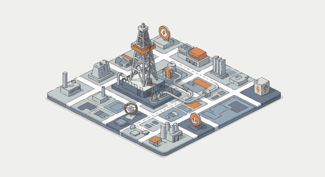 Isometric city map with oil rig and industrial buildings.