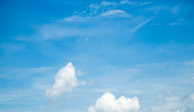 Wide angle view of  vibrant blue sky with soft white clouds. Peaceful and clear natural atmosphere, perfect for use as summer backdrop.