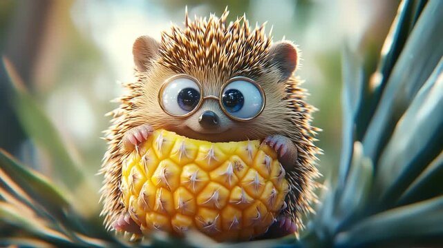 Adorable cartoon hedgehog with glasses holding a pineapple.