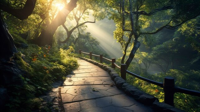 A photo of a winding pathway with light breaking through