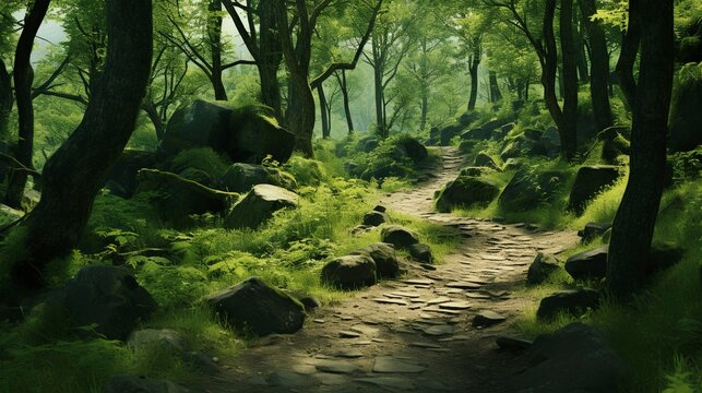 A photo of a winding trail in a dense green forest