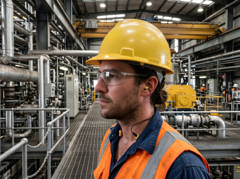 A man wearing a yellow hard hat, safety glasses, and an orange vest in an industrial factory setting with pipes and machinery.
