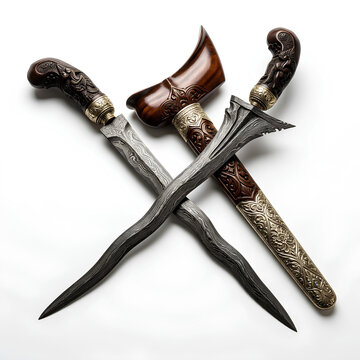 Three traditional Indonesian keris daggers with ornate handles and blades.