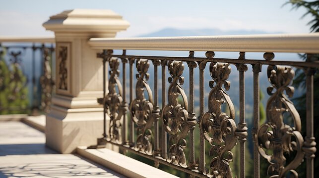 A photo of an elegant stone balcony railing