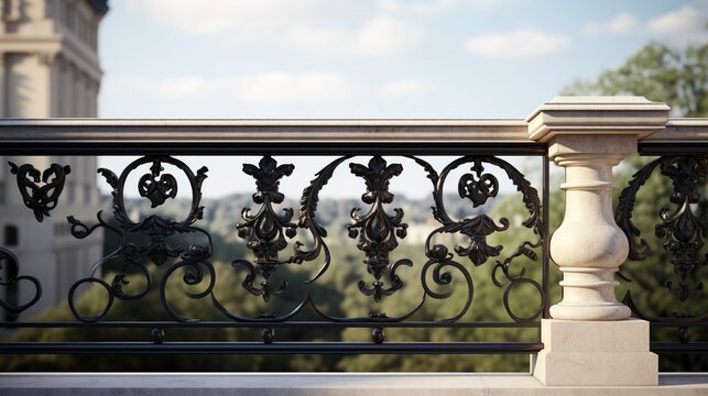 A photo of an elegant stone balcony railing