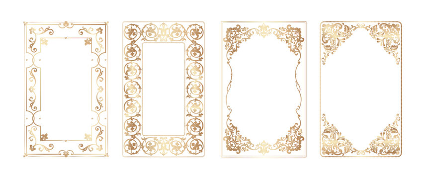 Gold rectangle frames collection art deco Thin golden floral Luxury shiny borders isolated set flourish elements design for stylish headers wedding invitations card photo poster book cover vector sign