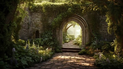 Fototapeta premium A photo of an ornate stone archway leading to a garden