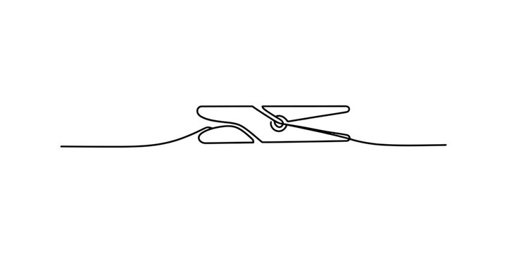 Single line drawing of a clothespin holding a piece of fabric on a wire Vector, illustration
