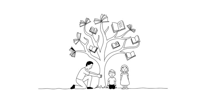 Father and children looking at a tree with books on its branches, concept of education and knowledge Vector, illustration