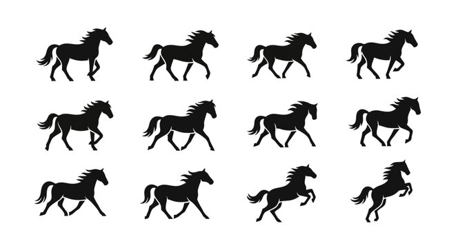 A grid of twelve black horse silhouettes depicting various stages of movement, from walking to galloping and rearing, on a white background.