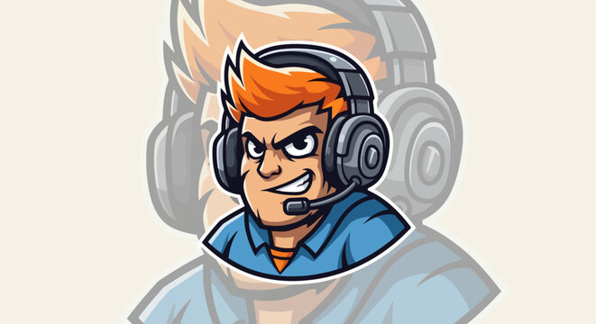 Cartoon illustration of an angry male gamer wearing a headset with a microphone, perfect for an esports logo or avatar.