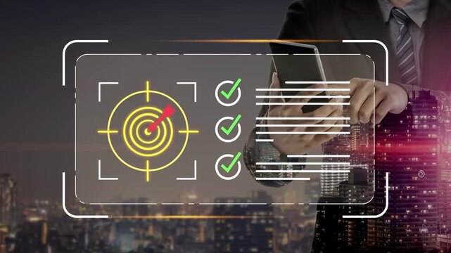 Businessman using smartphone with target focus and checklist symbolizing goal achievement and performance analytics in urban night setting Gluon.