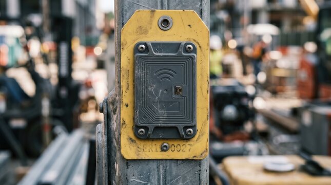 Closeup on an RFID sensor tag attached to a portable rental unit main tag in crisp detail with outoffocus surroundings emphasizing contactless inventory management.
