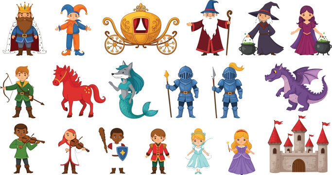 Colorful fantasy characters and icons set Vector