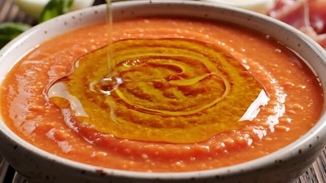 Delicious Gazpacho Soup with Olive Oil Drizzle in Bowl.