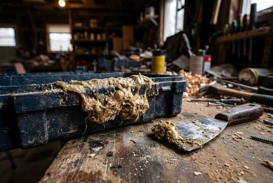 Macro close-up of a toolbox edge with hardened epoxy sawdust and a ruined putty knife