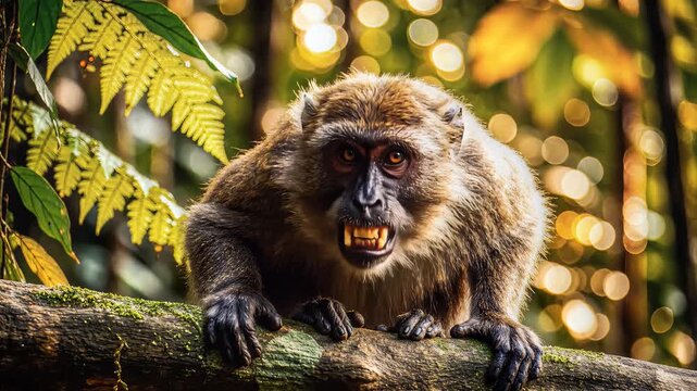 Angry monkey with open mouth and teeth in natural habitat wildlife.