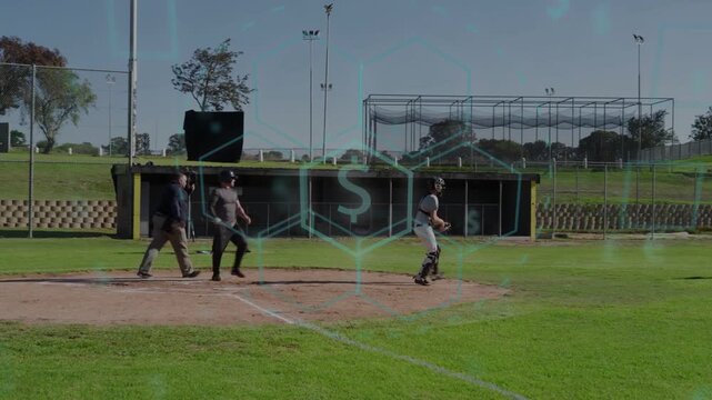 Baseball pitch arriving, batter sliding to plate while catcher tagging to score, hex S overlaying