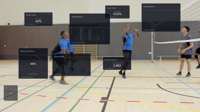 Blue team player receiving served ball in school gym preparing attack as HUD panels covering court