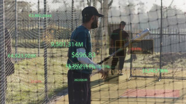 Coach moving to bowl, batter assuming stance executing swing in cricket cage, HUD tracking metrics