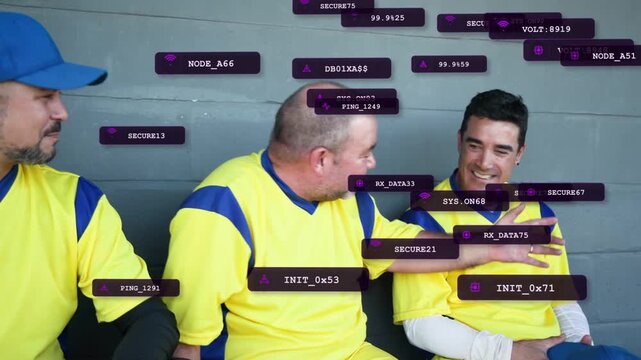 3 baseball players sitting dugout center speaking then patting mate purple IDs floating on faces